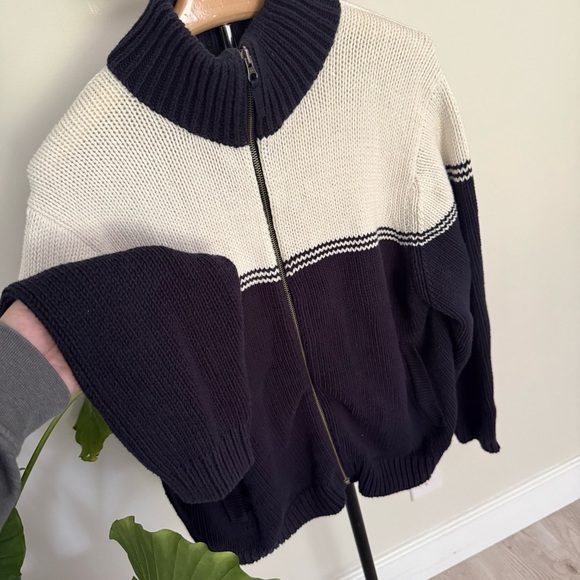 Eddie Bauer Men’s XL Zip Cardigan Sweater Navy Cream Colorblock Full Zip Vintage - Picture 2 of 8